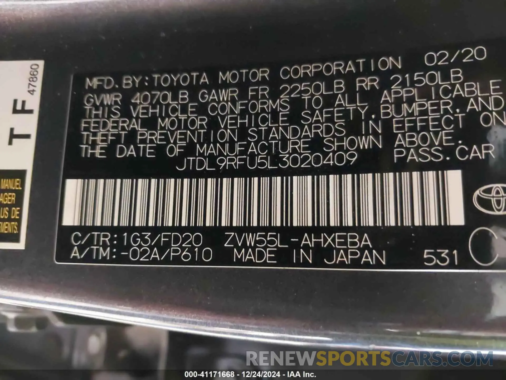 9 fotografías del automóvil dañado JTDL9RFU5L3020409 TOYOTA PRIUS 2020