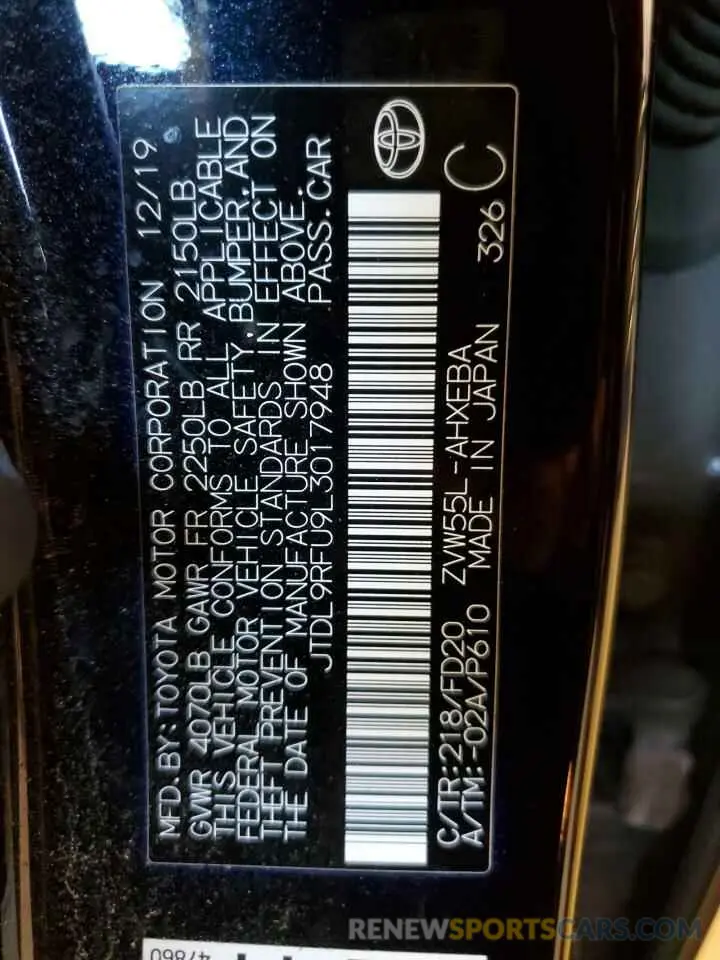 12 fotografías del automóvil dañado JTDL9RFU9L3017948 TOYOTA PRIUS 2020