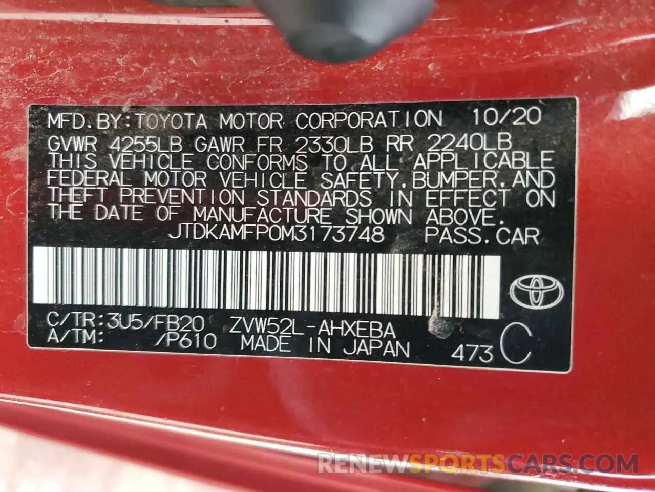 12 fotografías del automóvil dañado JTDKAMFP0M3173748 TOYOTA PRIUS 2021