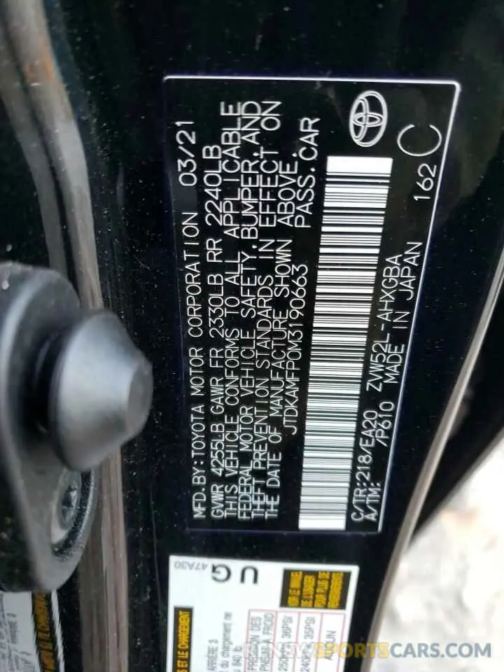 10 fotografías del automóvil dañado JTDKAMFP0M3190663 TOYOTA PRIUS 2021