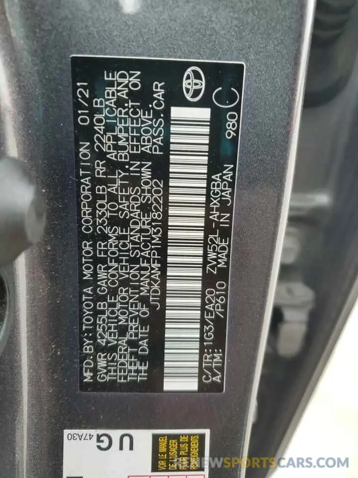 12 fotografías del automóvil dañado JTDKAMFP1M3182202 TOYOTA PRIUS 2021