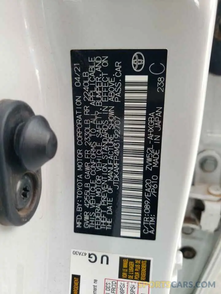 12 fotografías del automóvil dañado JTDKAMFP4M3192707 TOYOTA PRIUS 2021