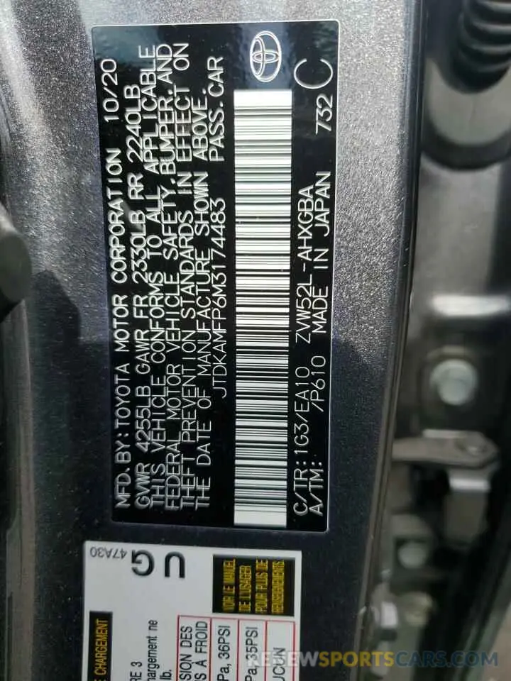 12 fotografías del automóvil dañado JTDKAMFP6M3174483 TOYOTA PRIUS 2021