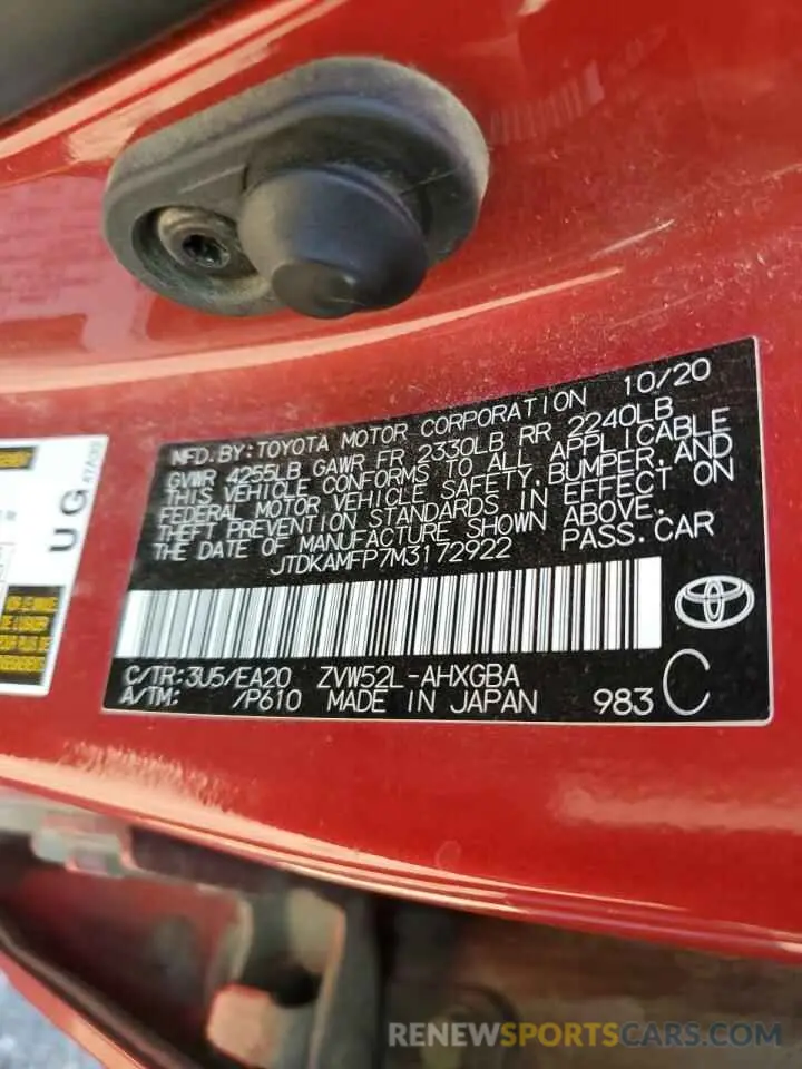 12 fotografías del automóvil dañado JTDKAMFP7M3172922 TOYOTA PRIUS 2021