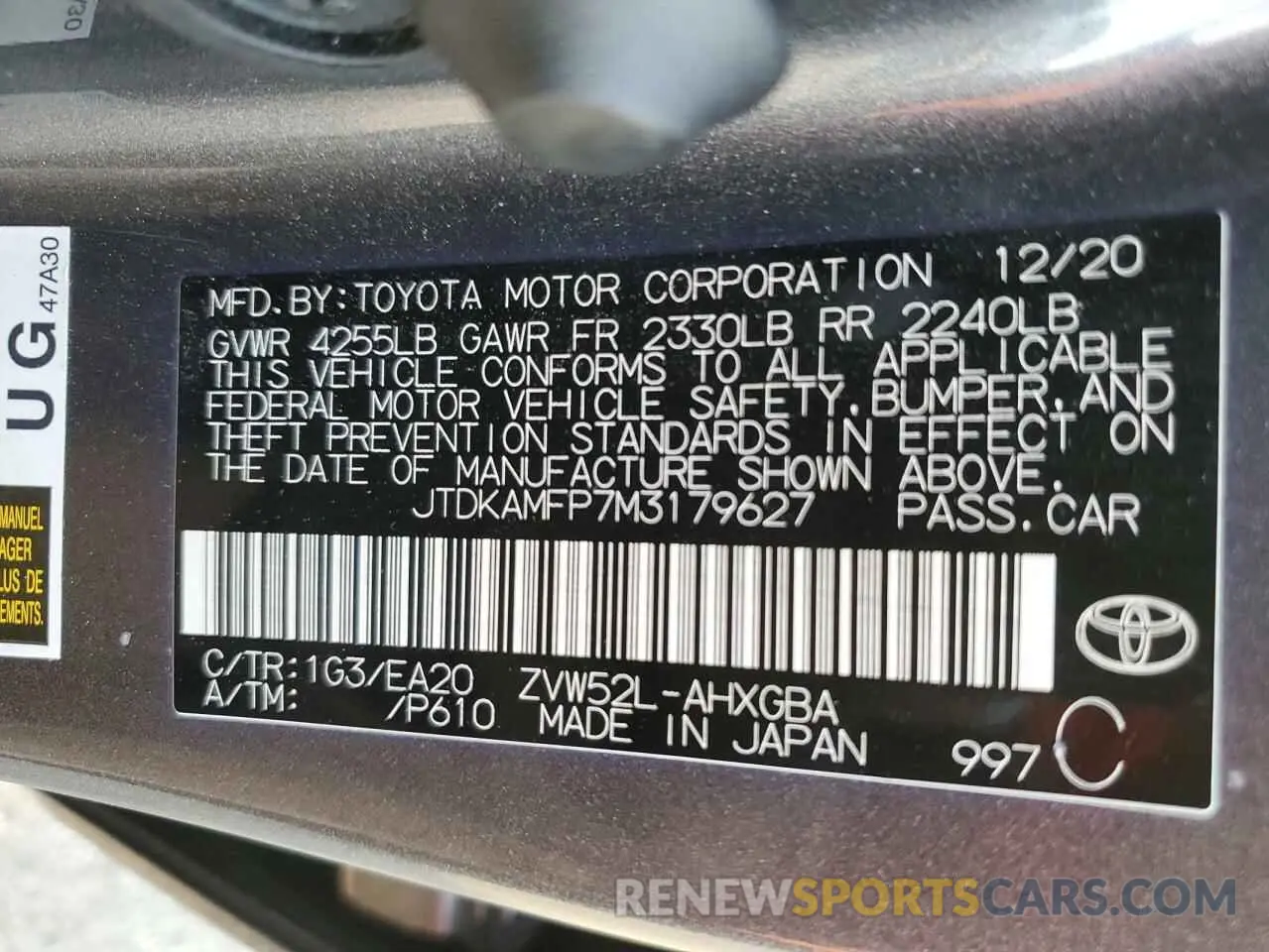 12 fotografías del automóvil dañado JTDKAMFP7M3179627 TOYOTA PRIUS 2021