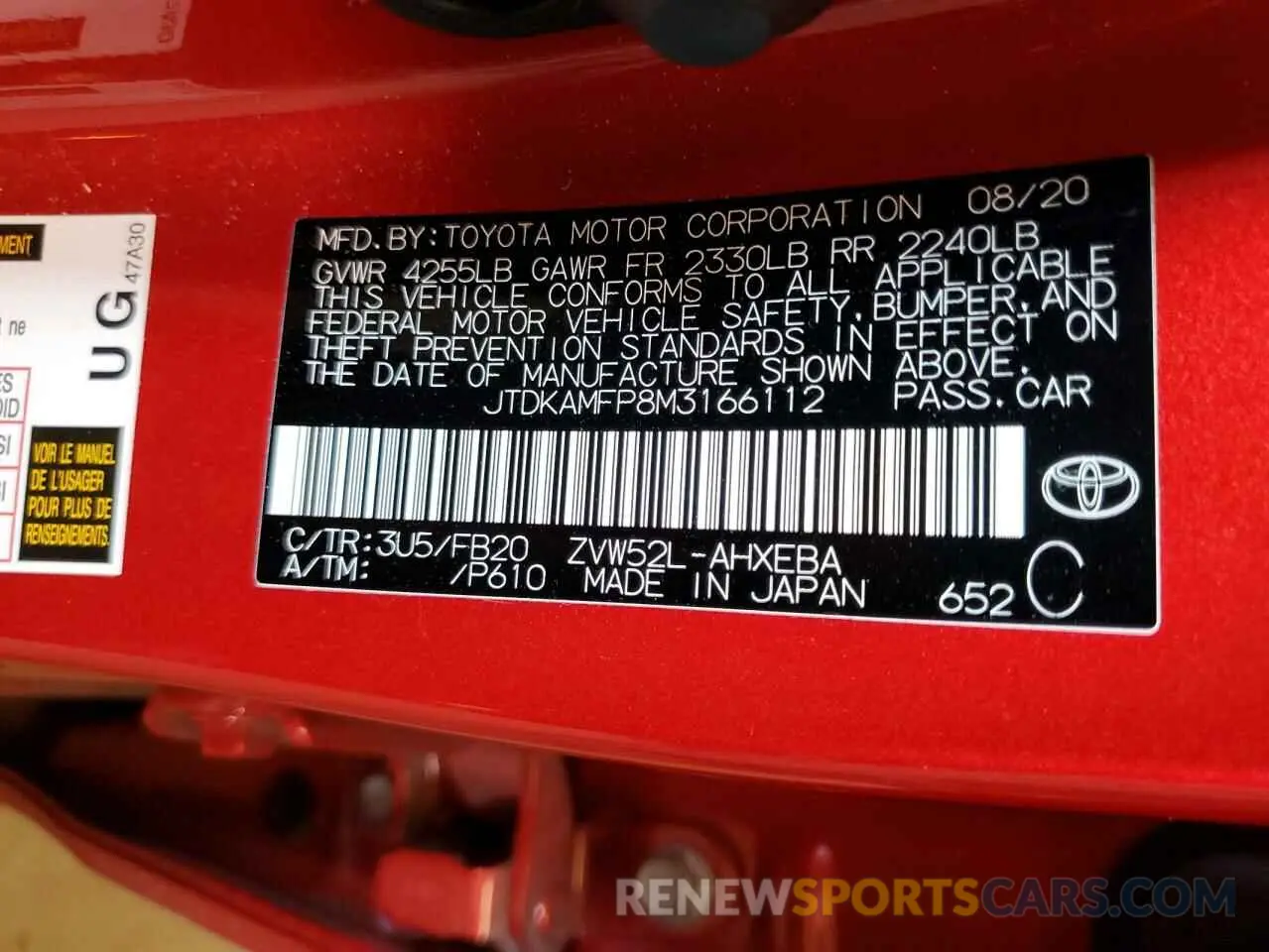 10 fotografías del automóvil dañado JTDKAMFP8M3166112 TOYOTA PRIUS 2021