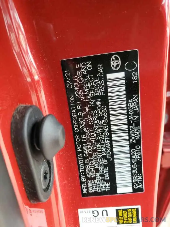 12 fotografías del automóvil dañado JTDKAMFP8M3185680 TOYOTA PRIUS 2021