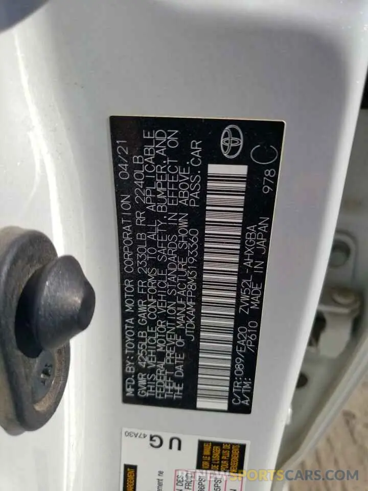 12 fotografías del automóvil dañado JTDKAMFP8M3193360 TOYOTA PRIUS 2021