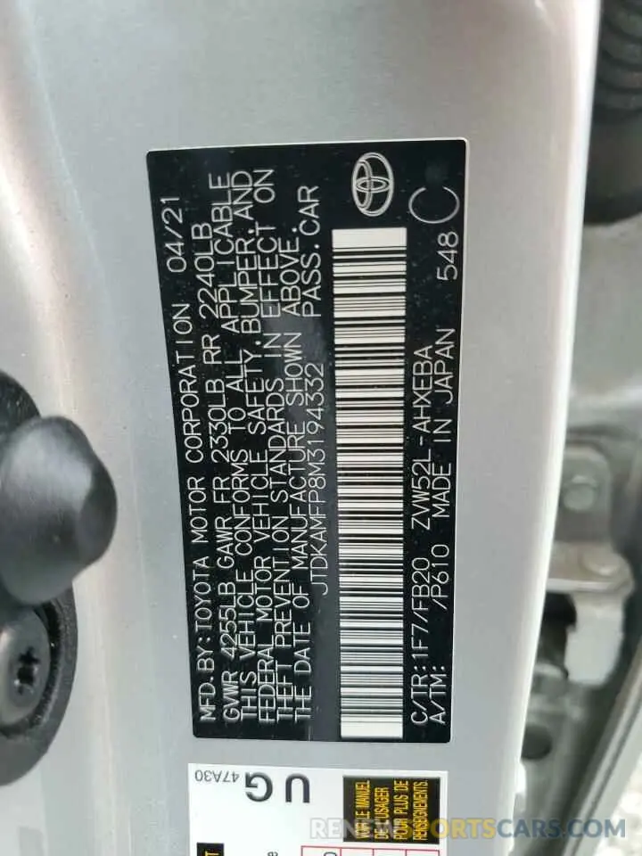 12 fotografías del automóvil dañado JTDKAMFP8M3194332 TOYOTA PRIUS 2021