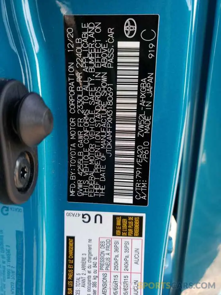 10 fotografías del automóvil dañado JTDKAMFPXM3180691 TOYOTA PRIUS 2021