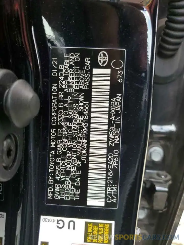 10 fotografías del automóvil dañado JTDKAMFPXM3184661 TOYOTA PRIUS 2021