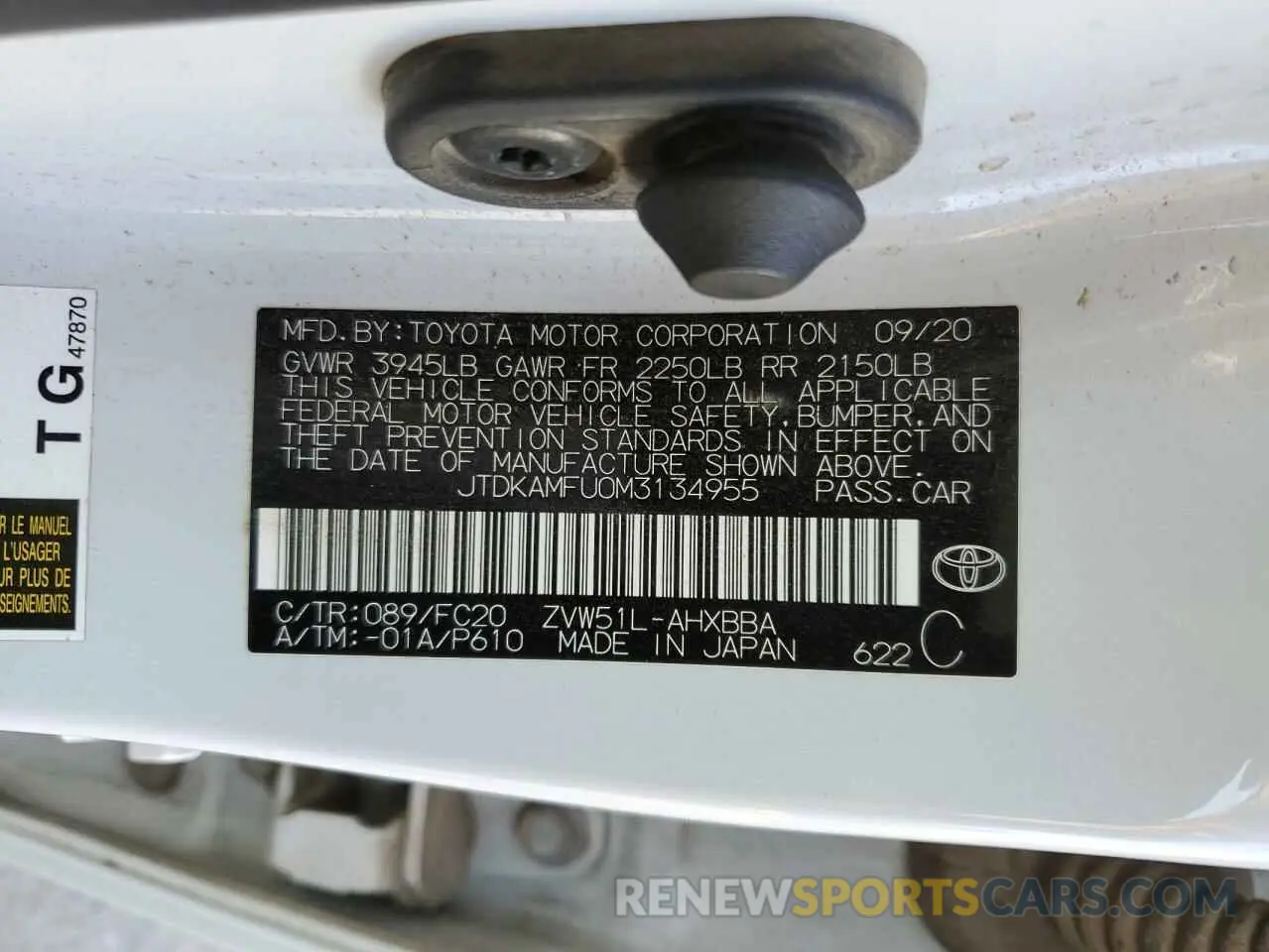 13 fotografías del automóvil dañado JTDKAMFU0M3134955 TOYOTA PRIUS 2021