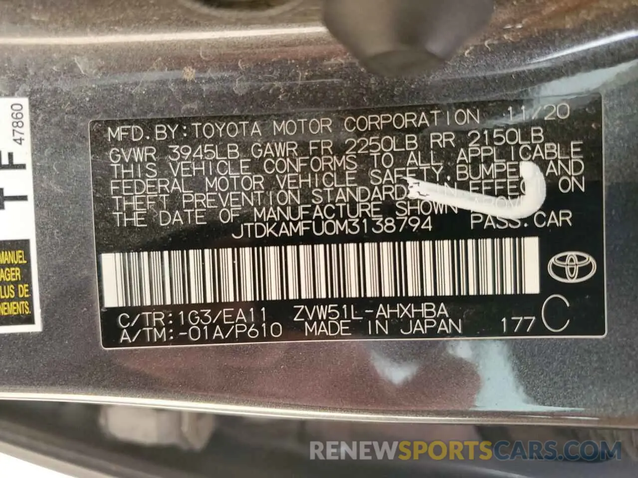 12 fotografías del automóvil dañado JTDKAMFU0M3138794 TOYOTA PRIUS 2021