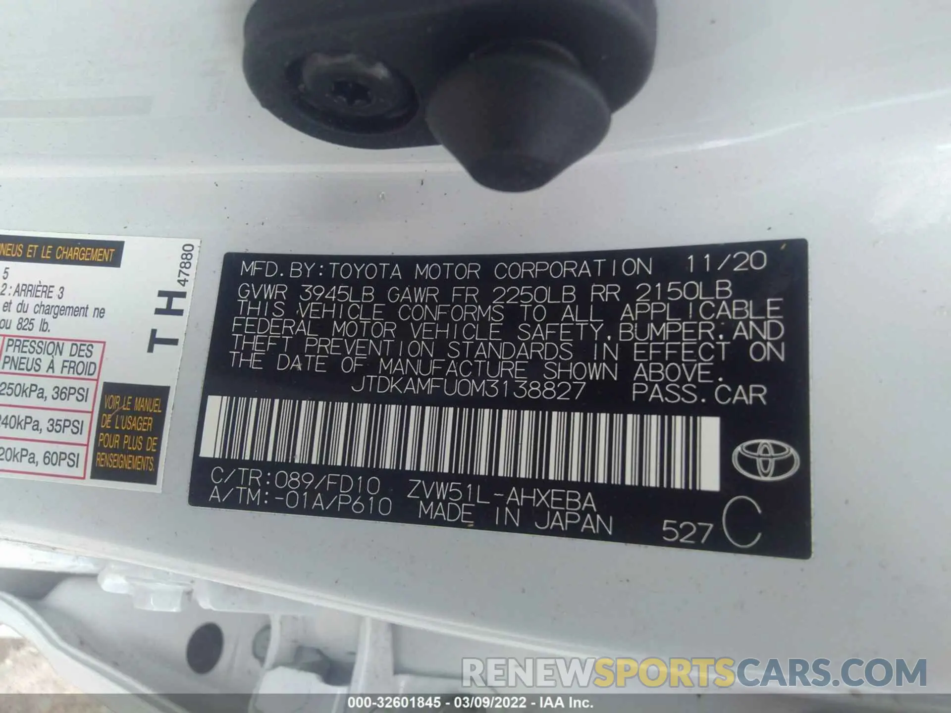 9 fotografías del automóvil dañado JTDKAMFU0M3138827 TOYOTA PRIUS 2021