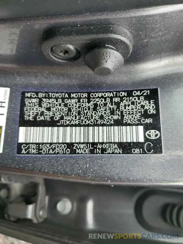 13 fotografías del automóvil dañado JTDKAMFU0M3149424 TOYOTA PRIUS 2021
