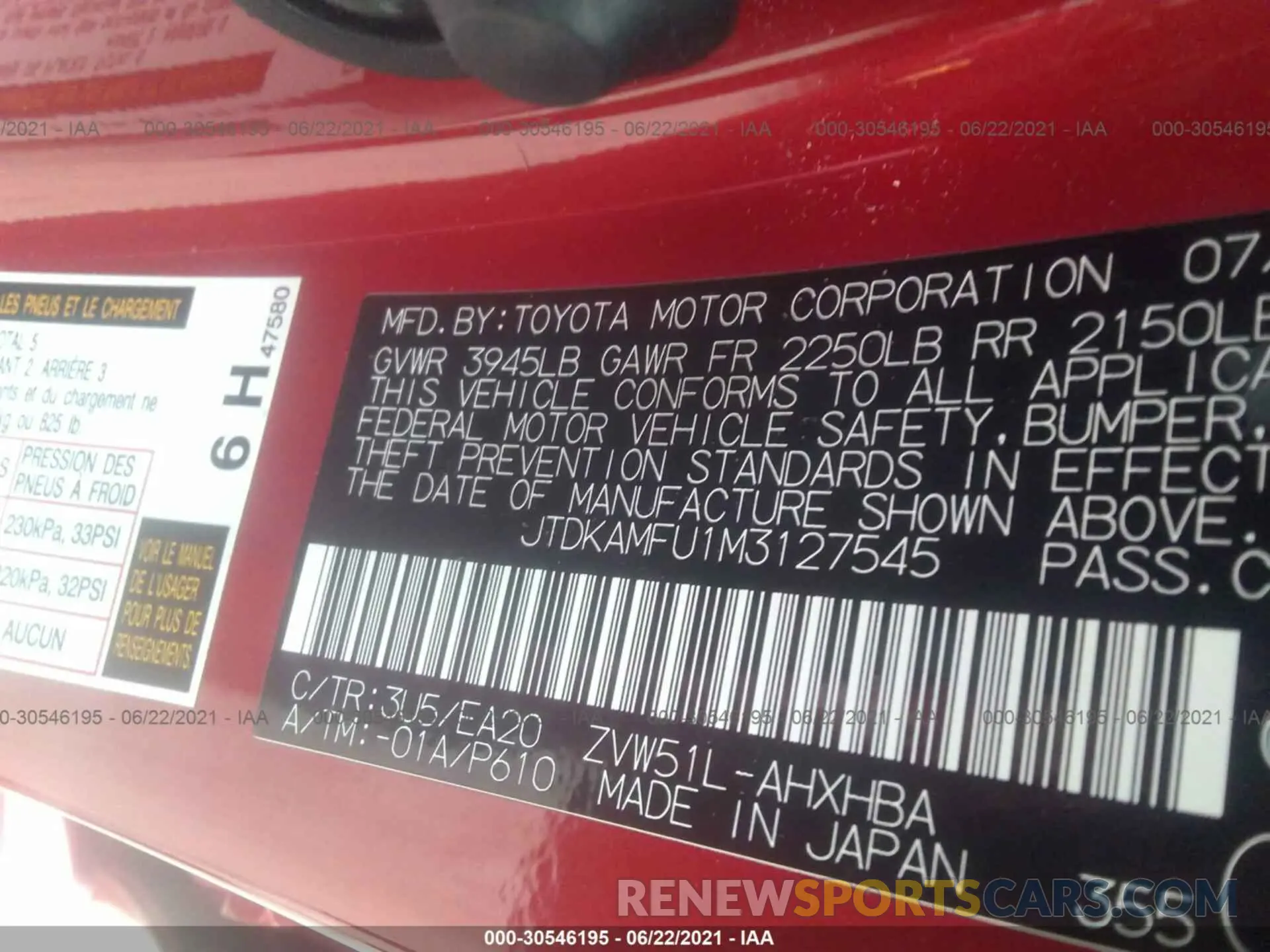 9 fotografías del automóvil dañado JTDKAMFU1M3127545 TOYOTA PRIUS 2021