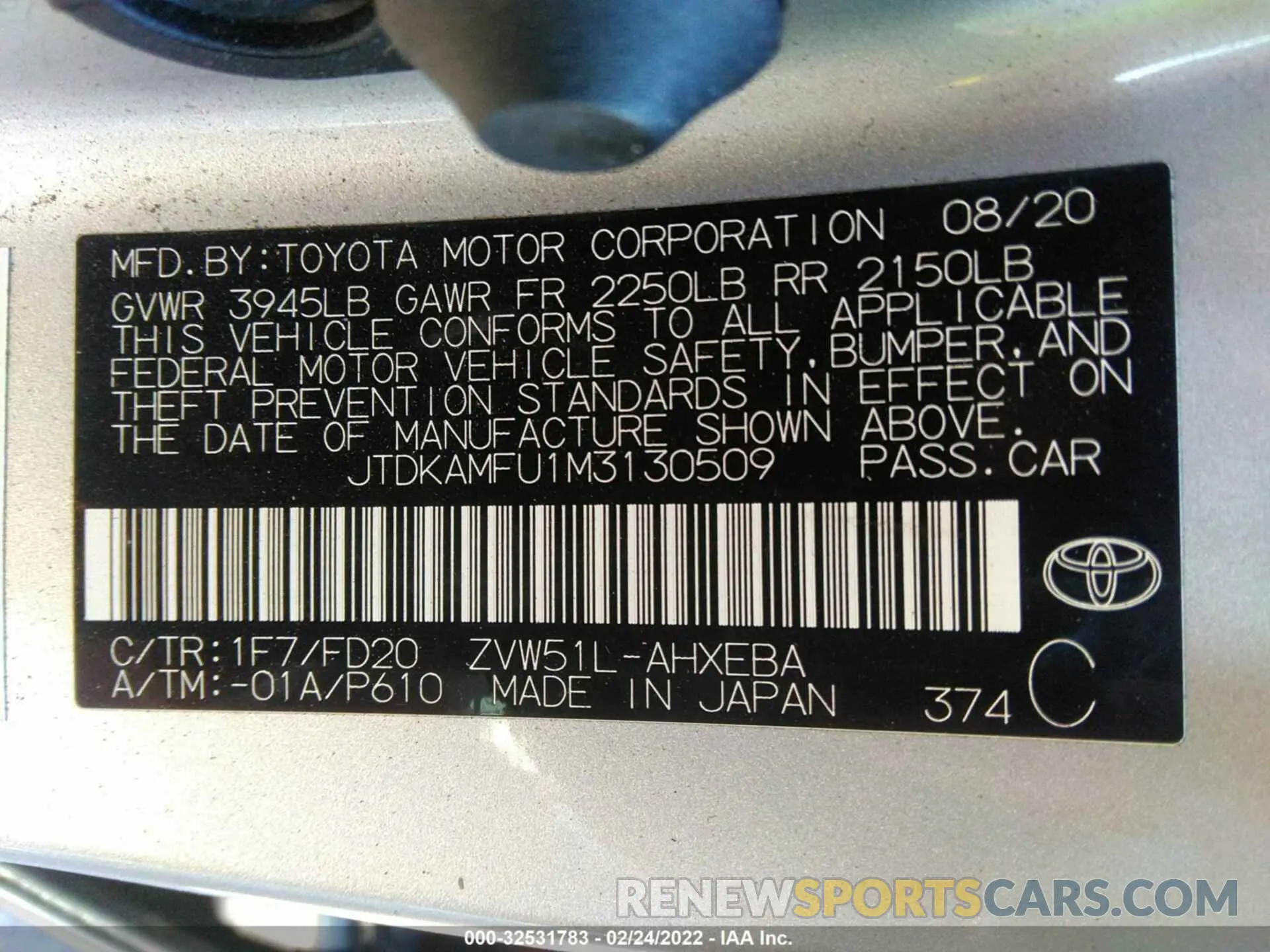 9 fotografías del automóvil dañado JTDKAMFU1M3130509 TOYOTA PRIUS 2021