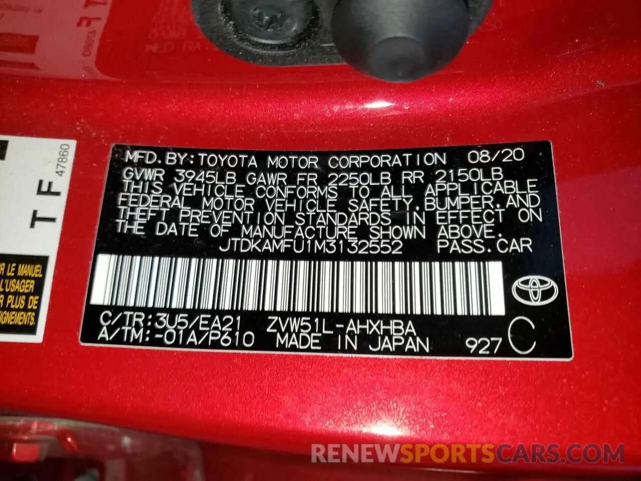 12 fotografías del automóvil dañado JTDKAMFU1M3132552 TOYOTA PRIUS 2021
