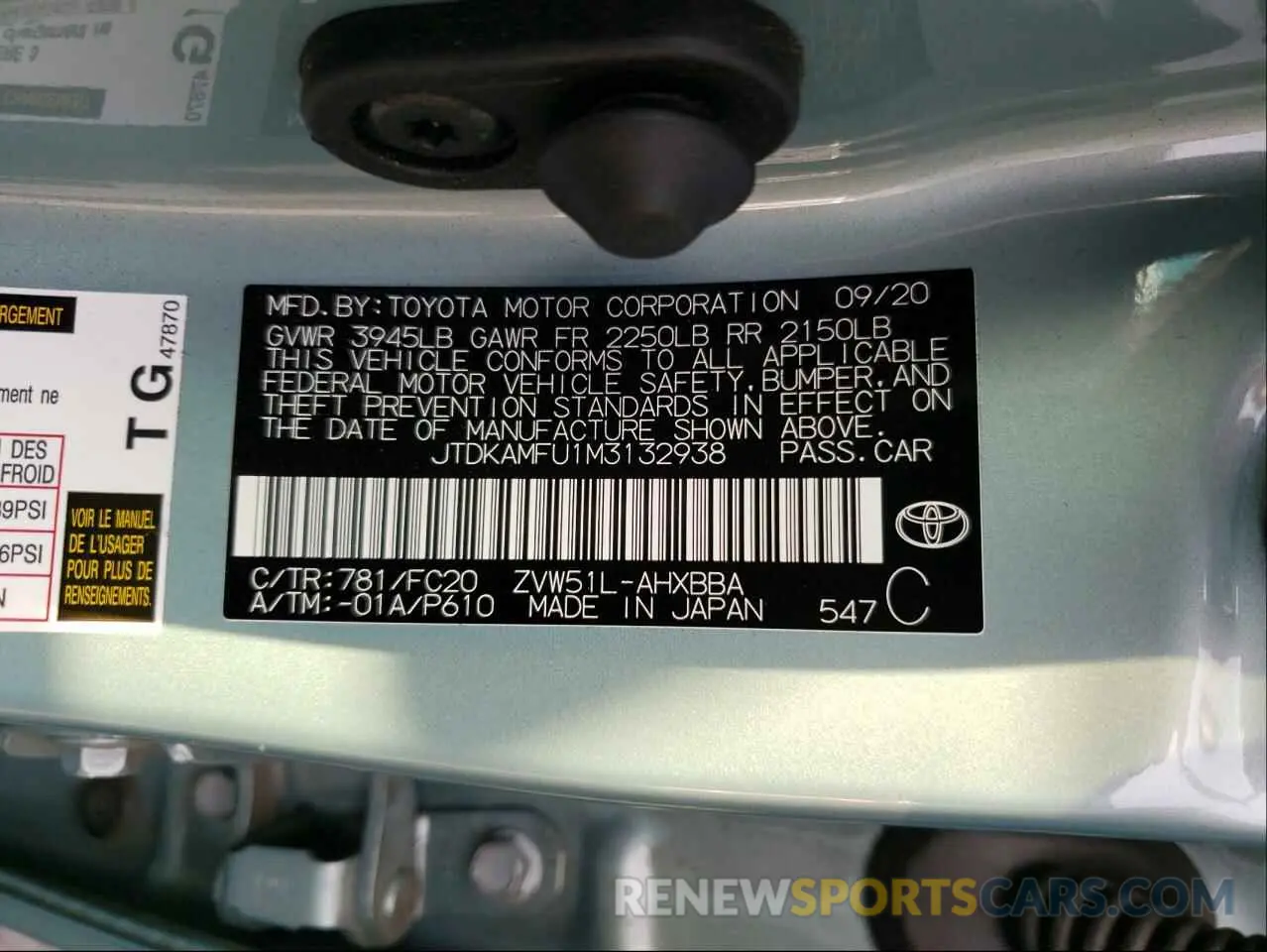 10 fotografías del automóvil dañado JTDKAMFU1M3132938 TOYOTA PRIUS 2021