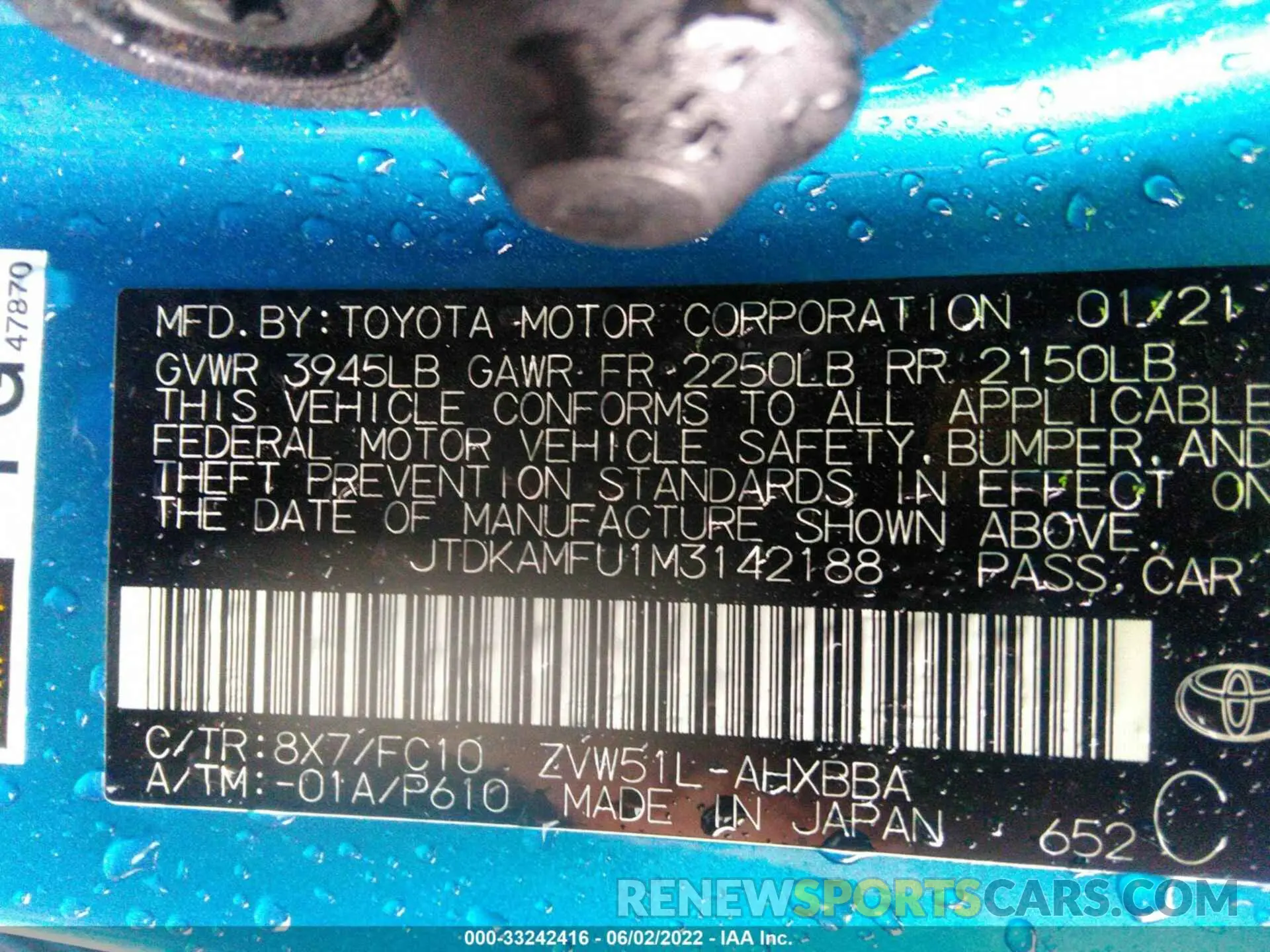 9 fotografías del automóvil dañado JTDKAMFU1M3142188 TOYOTA PRIUS 2021
