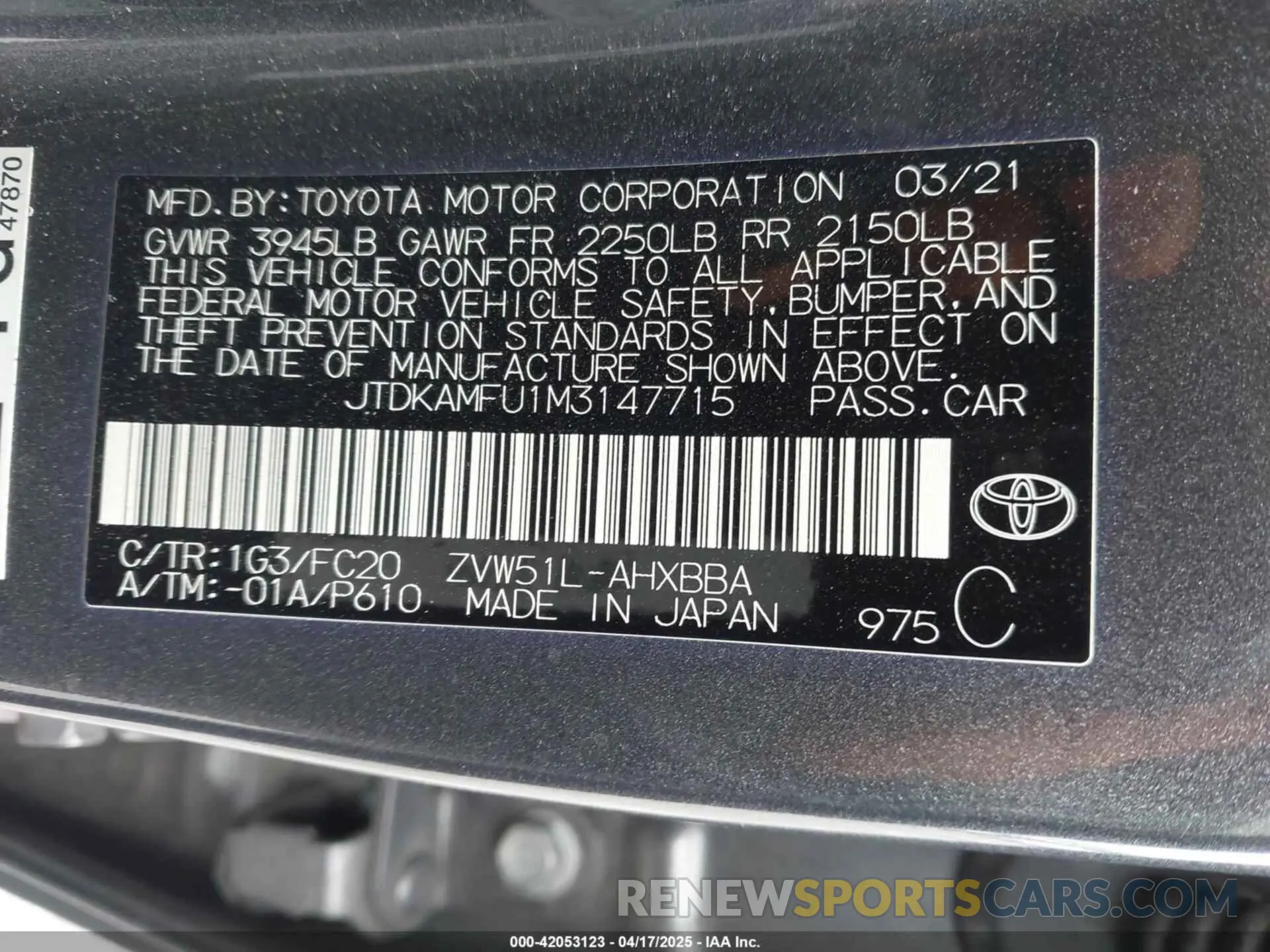9 fotografías del automóvil dañado JTDKAMFU1M3147715 TOYOTA PRIUS 2021
