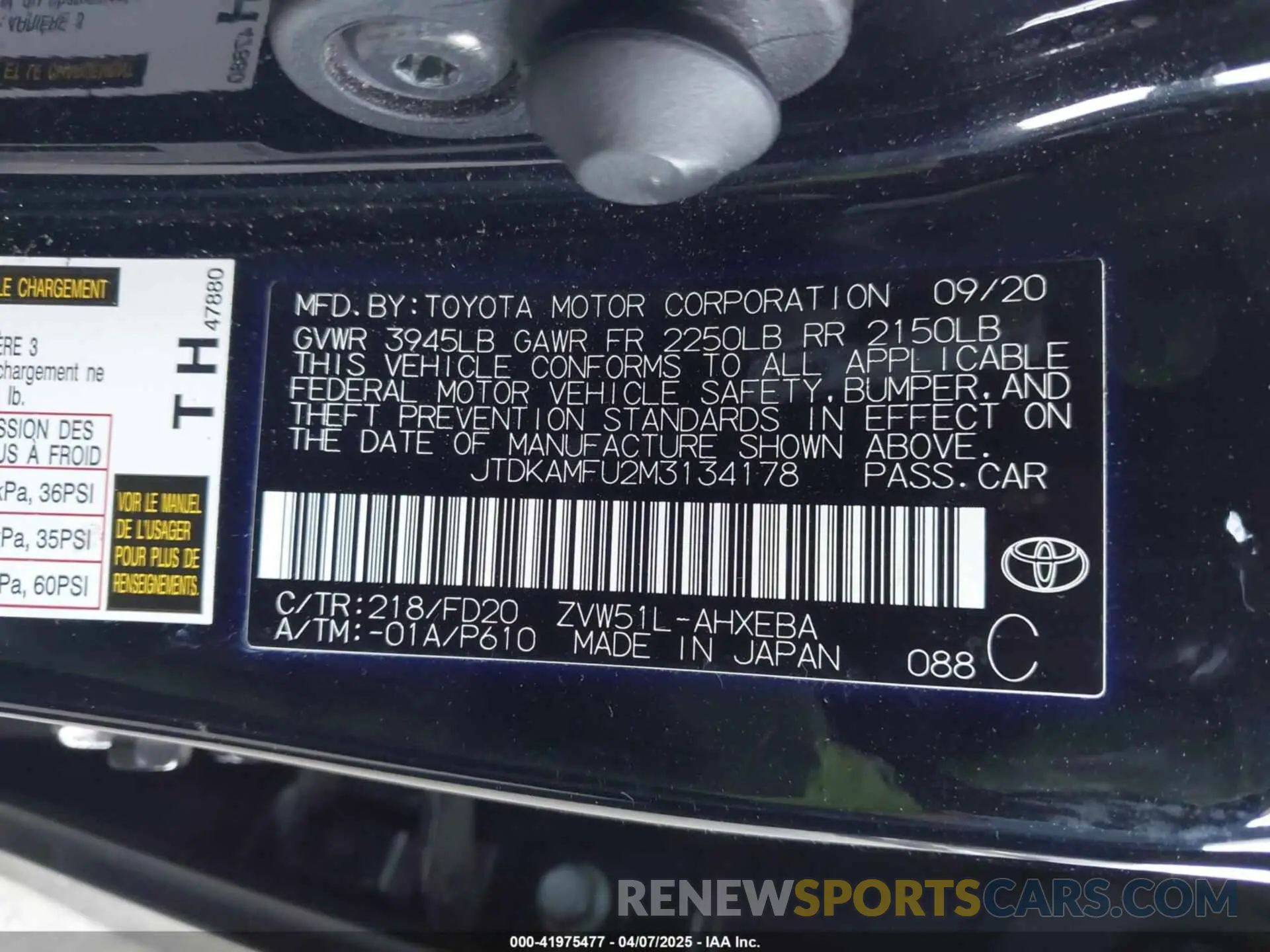 9 fotografías del automóvil dañado JTDKAMFU2M3134178 TOYOTA PRIUS 2021