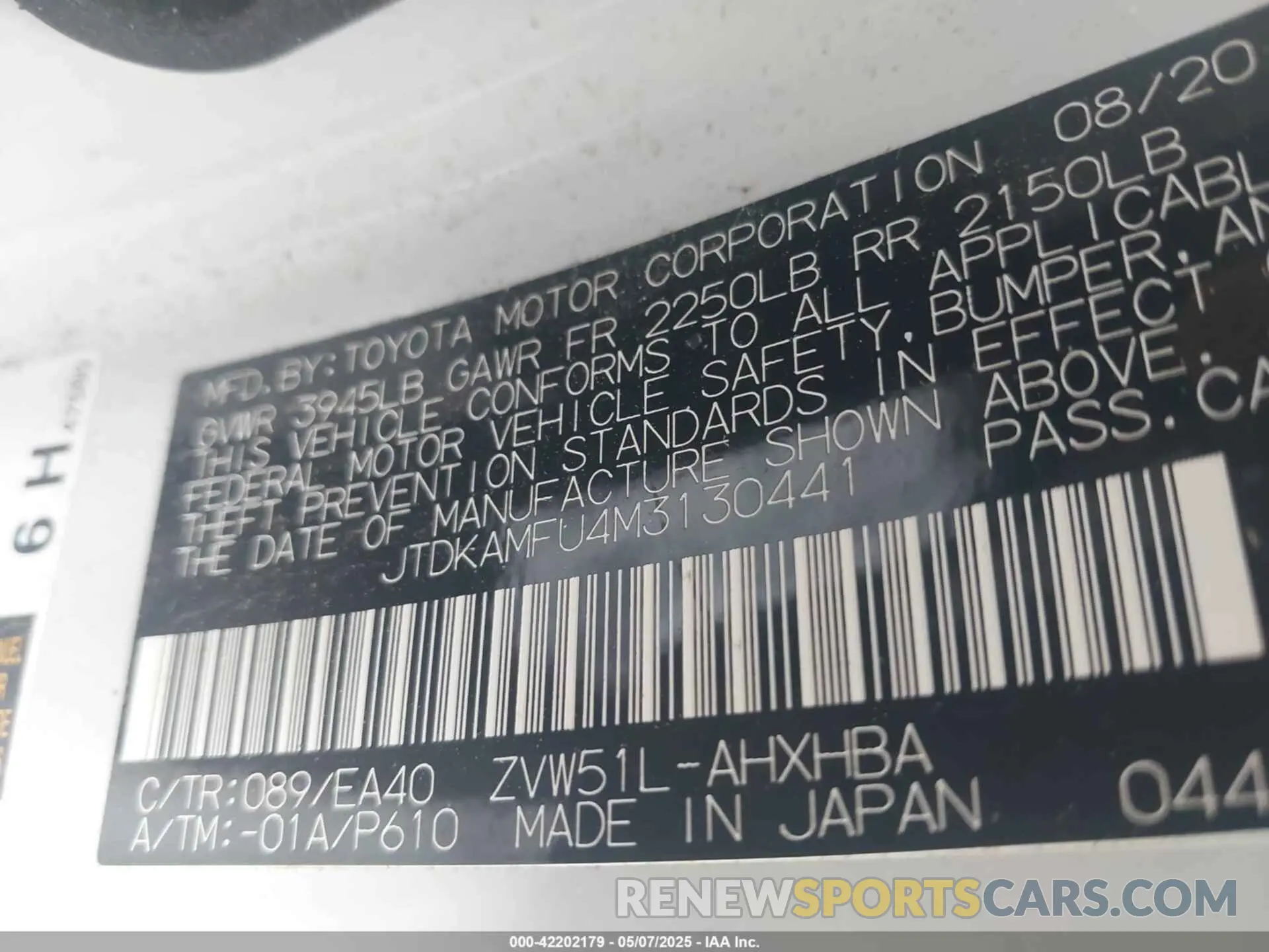 9 fotografías del automóvil dañado JTDKAMFU4M3130441 TOYOTA PRIUS 2021