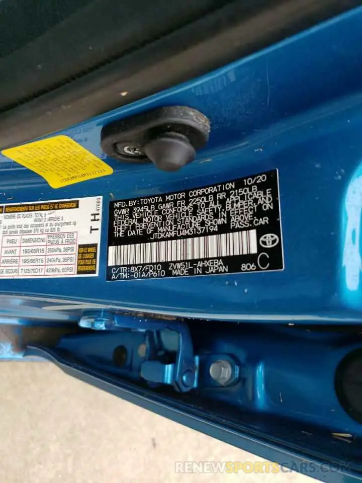 10 fotografías del automóvil dañado JTDKAMFU4M3137194 TOYOTA PRIUS 2021
