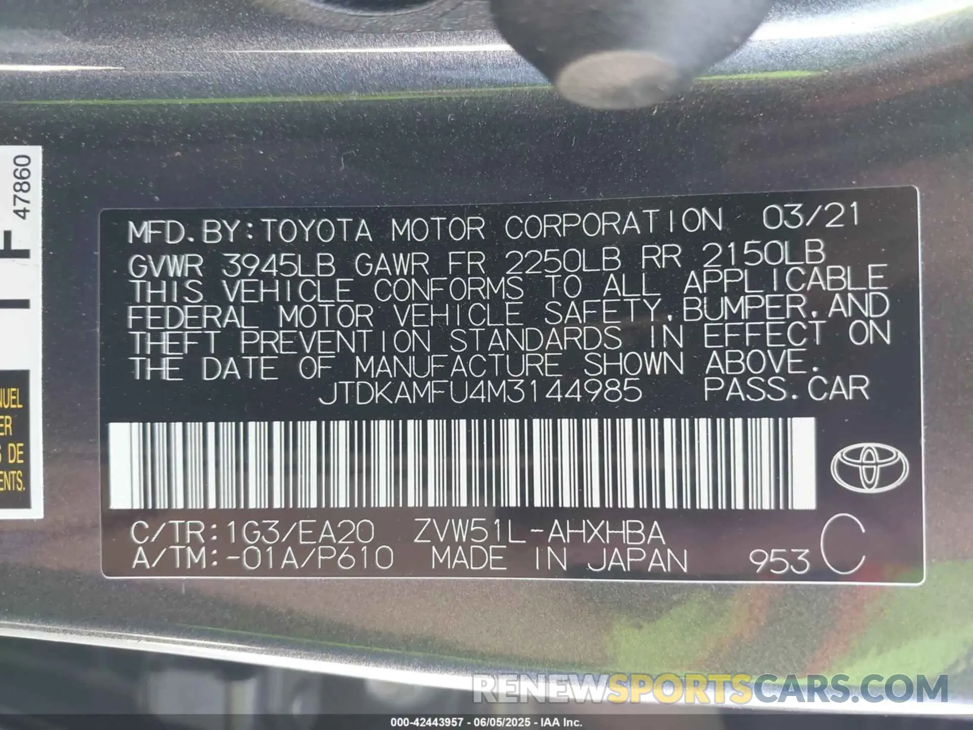 9 fotografías del automóvil dañado JTDKAMFU4M3144985 TOYOTA PRIUS 2021
