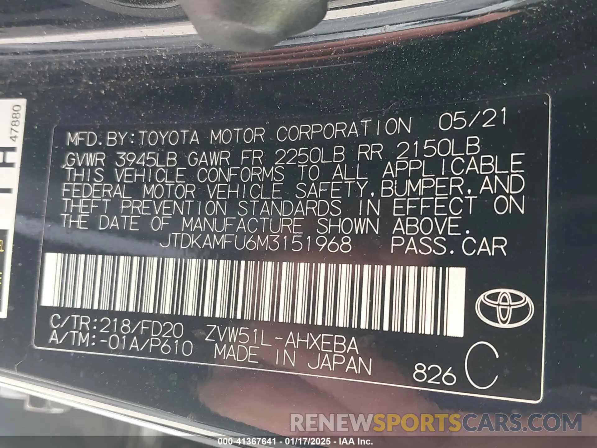 9 fotografías del automóvil dañado JTDKAMFU6M3151968 TOYOTA PRIUS 2021