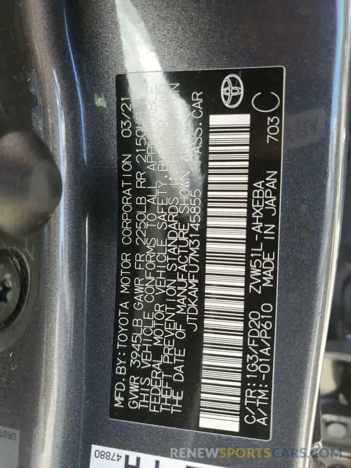 12 fotografías del automóvil dañado JTDKAMFU7M3145855 TOYOTA PRIUS 2021