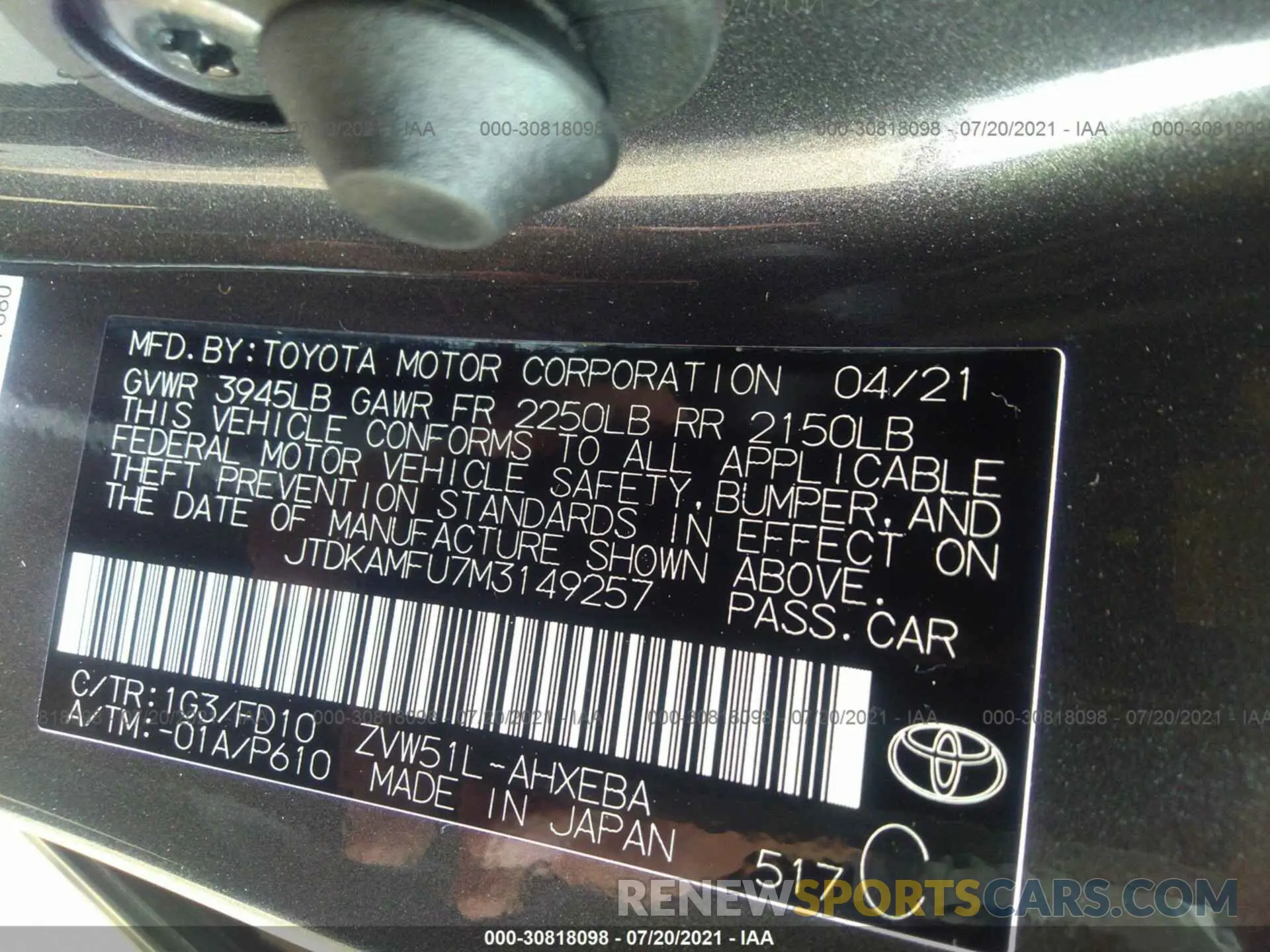 9 fotografías del automóvil dañado JTDKAMFU7M3149257 TOYOTA PRIUS 2021