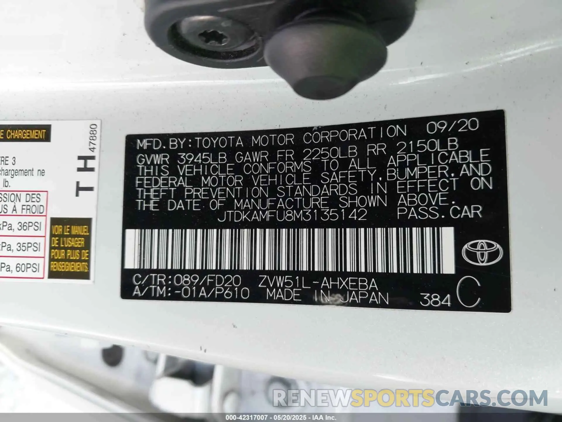 9 fotografías del automóvil dañado JTDKAMFU8M3135142 TOYOTA PRIUS 2021