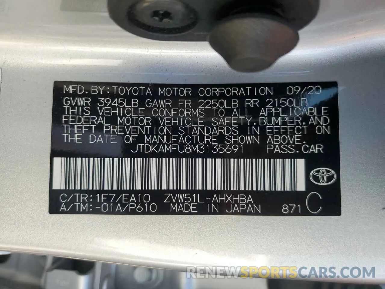 12 fotografías del automóvil dañado JTDKAMFU8M3135691 TOYOTA PRIUS 2021
