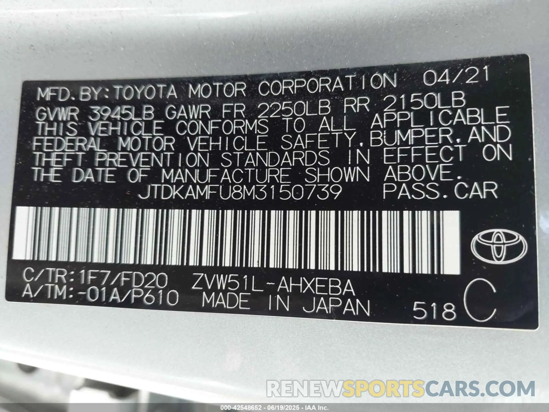 9 fotografías del automóvil dañado JTDKAMFU8M3150739 TOYOTA PRIUS 2021