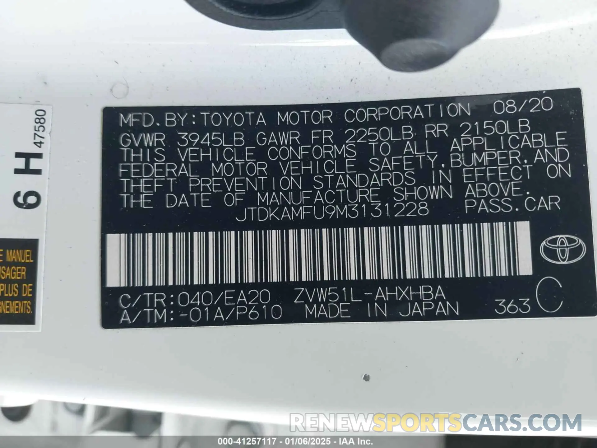 9 fotografías del automóvil dañado JTDKAMFU9M3131228 TOYOTA PRIUS 2021
