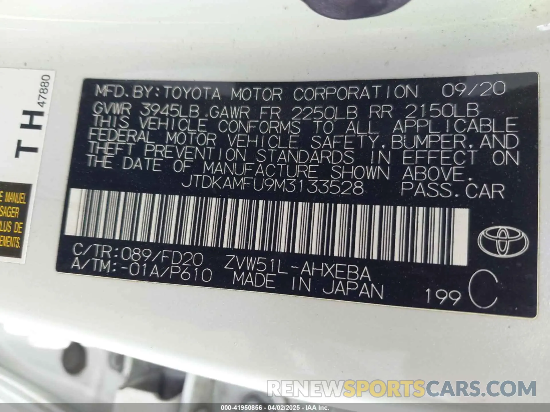 9 fotografías del automóvil dañado JTDKAMFU9M3133528 TOYOTA PRIUS 2021