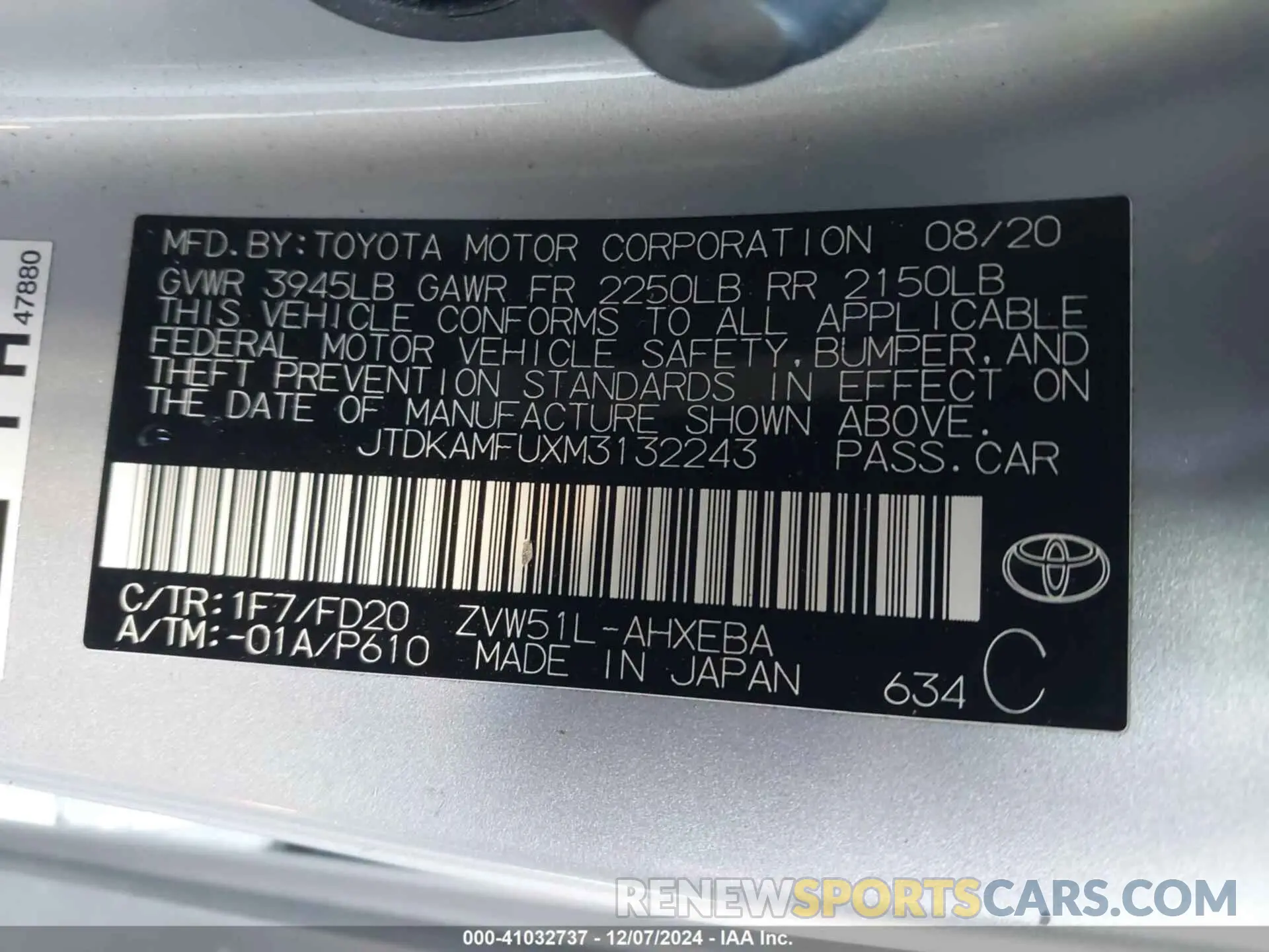9 fotografías del automóvil dañado JTDKAMFUXM3132243 TOYOTA PRIUS 2021