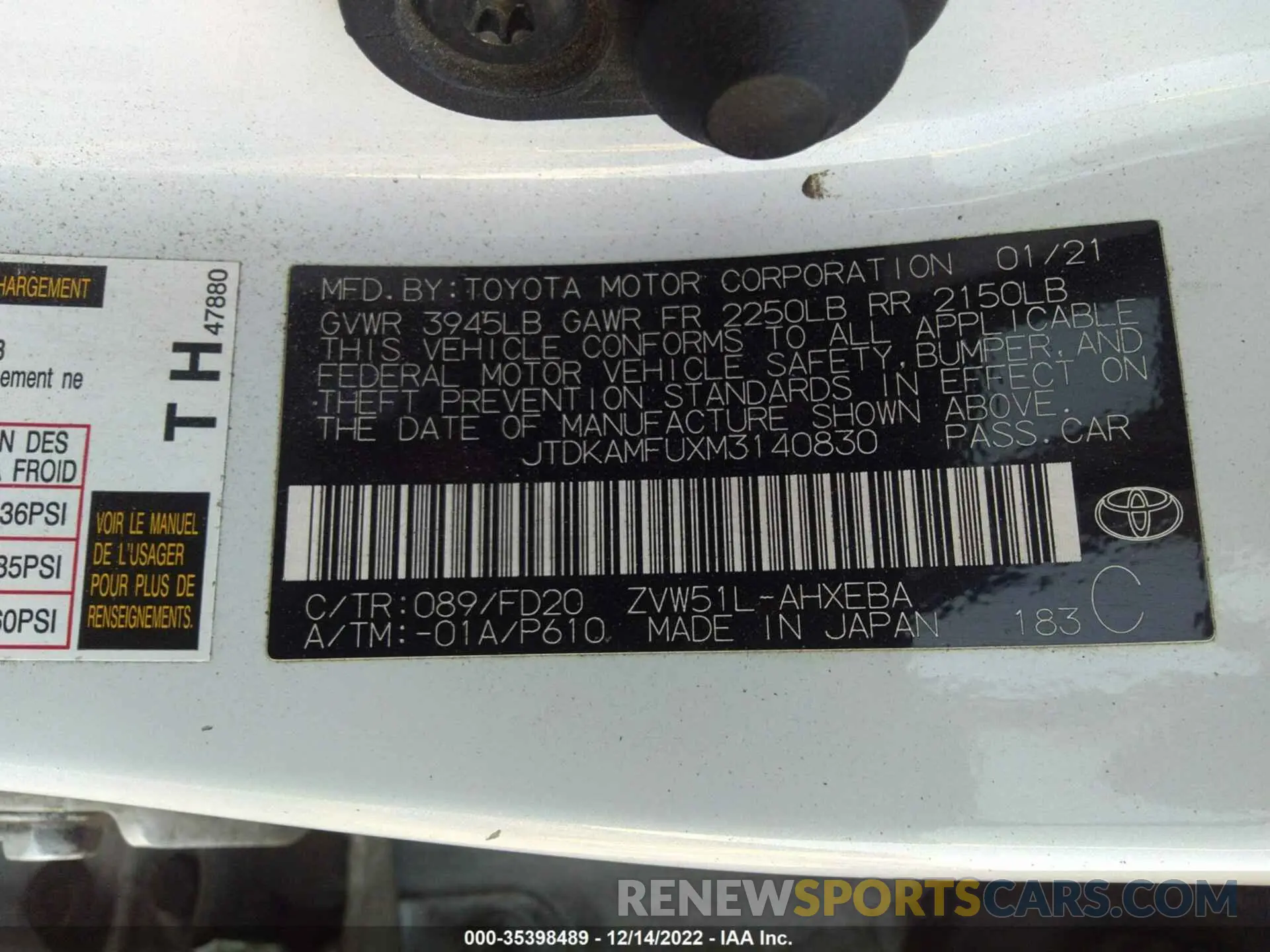 9 fotografías del automóvil dañado JTDKAMFUXM3140830 TOYOTA PRIUS 2021