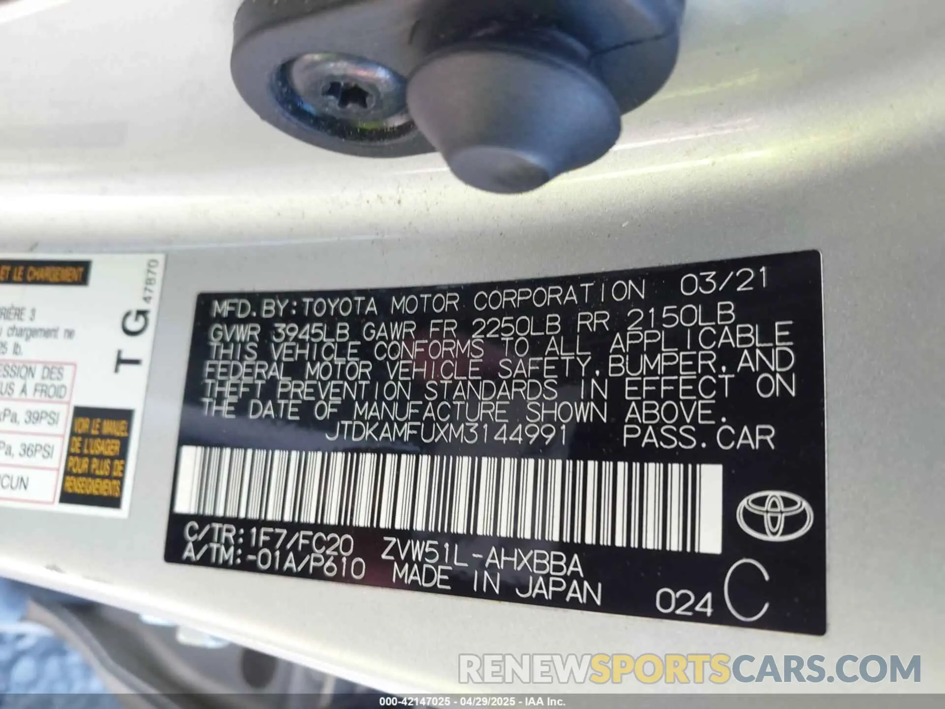 9 fotografías del automóvil dañado JTDKAMFUXM3144991 TOYOTA PRIUS 2021