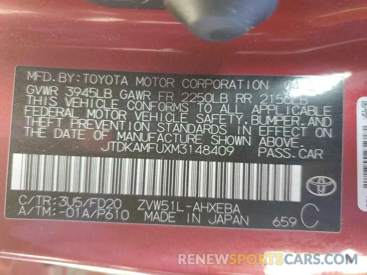 12 fotografías del automóvil dañado JTDKAMFUXM3148409 TOYOTA PRIUS 2021