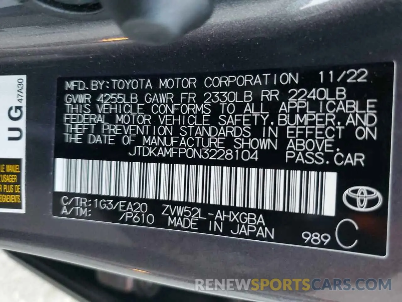 12 fotografías del automóvil dañado JTDKAMFP0N3228104 TOYOTA PRIUS 2022