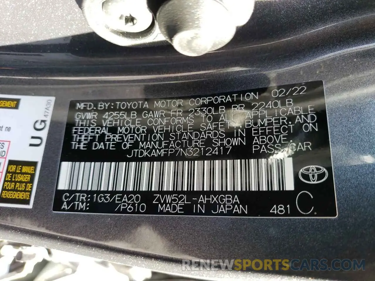 12 fotografías del automóvil dañado JTDKAMFP7N3212417 TOYOTA PRIUS 2022