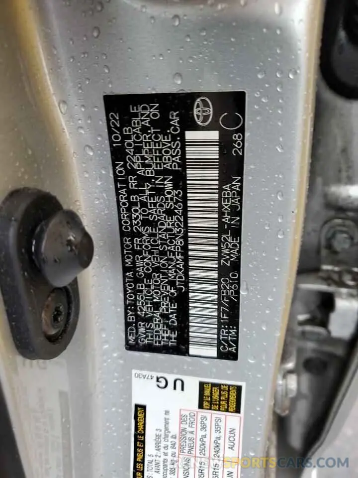 12 fotografías del automóvil dañado JTDKAMFP8N3224673 TOYOTA PRIUS 2022