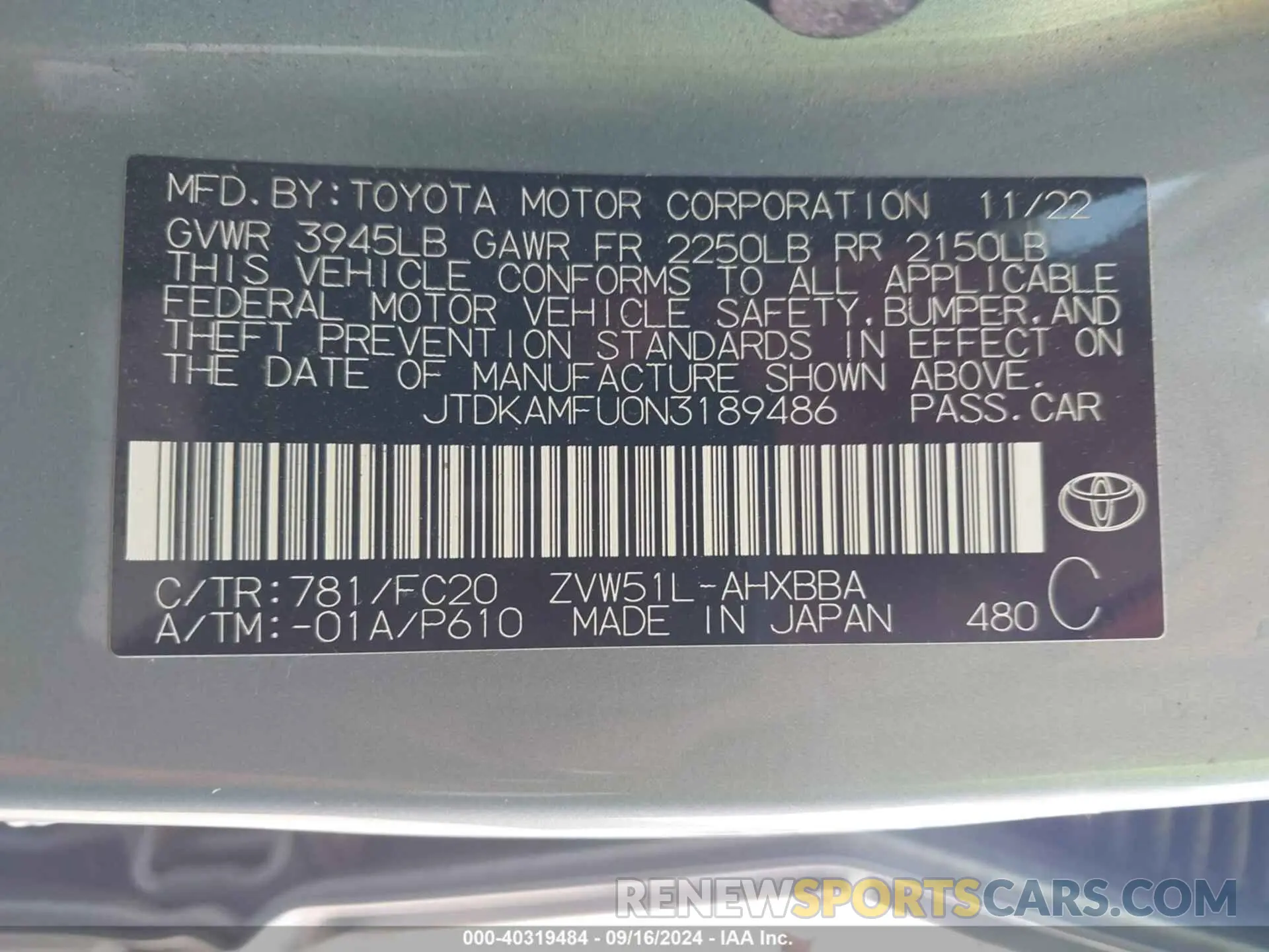 9 fotografías del automóvil dañado JTDKAMFU0N3189486 TOYOTA PRIUS 2022