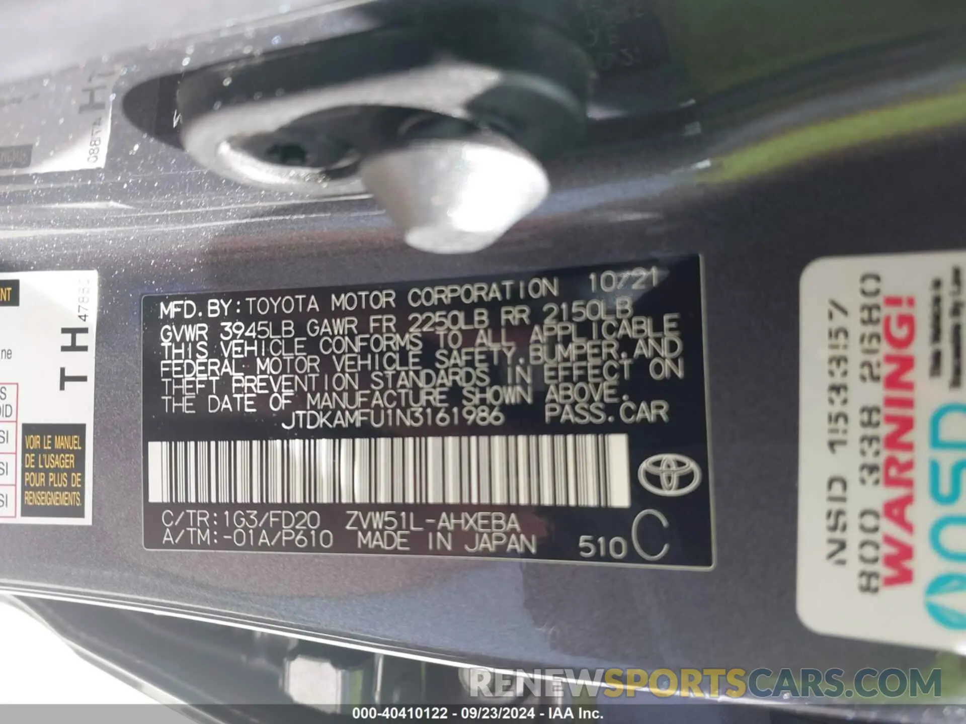 9 fotografías del automóvil dañado JTDKAMFU1N3161986 TOYOTA PRIUS 2022