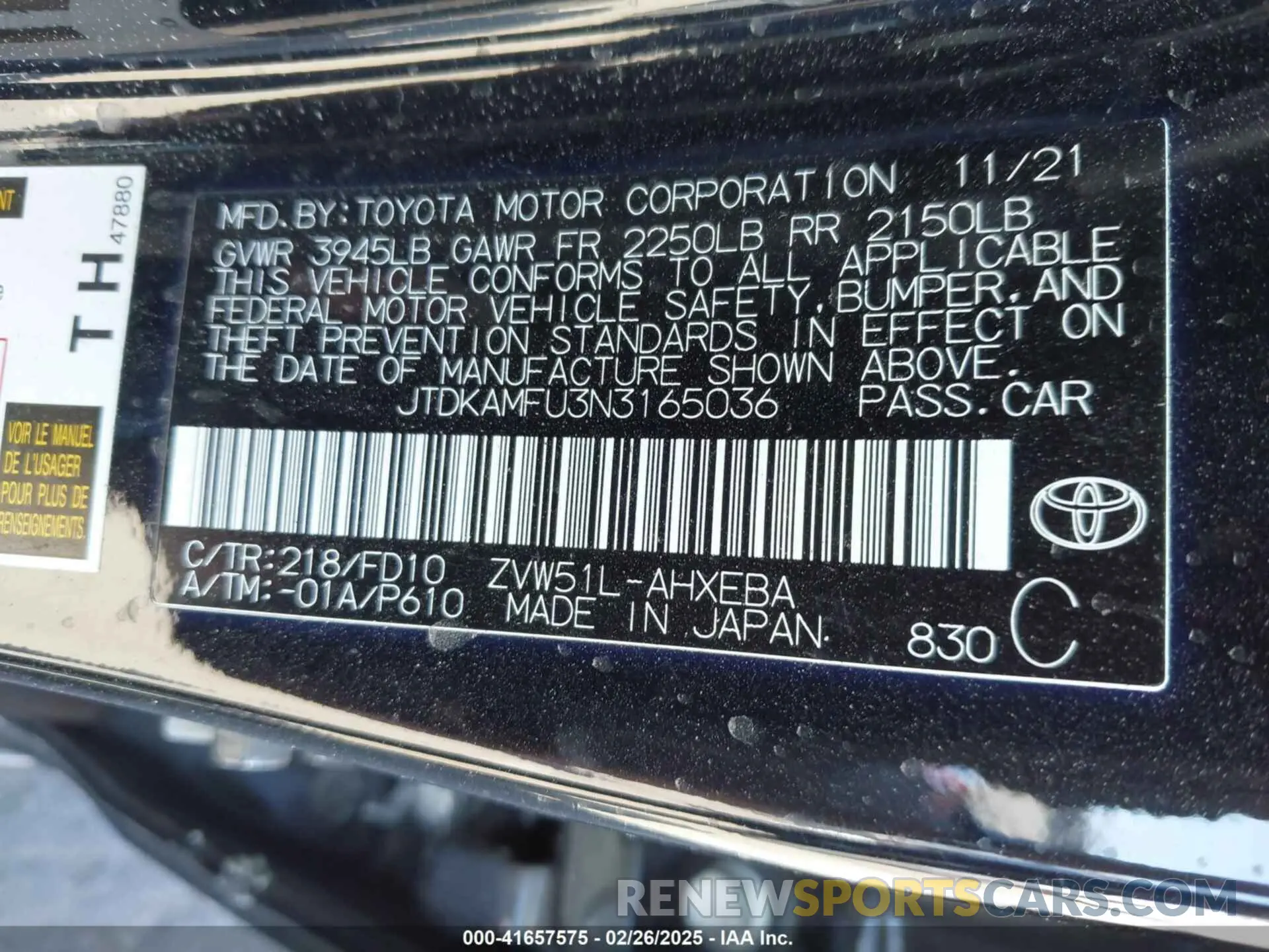 9 fotografías del automóvil dañado JTDKAMFU3N3165036 TOYOTA PRIUS 2022