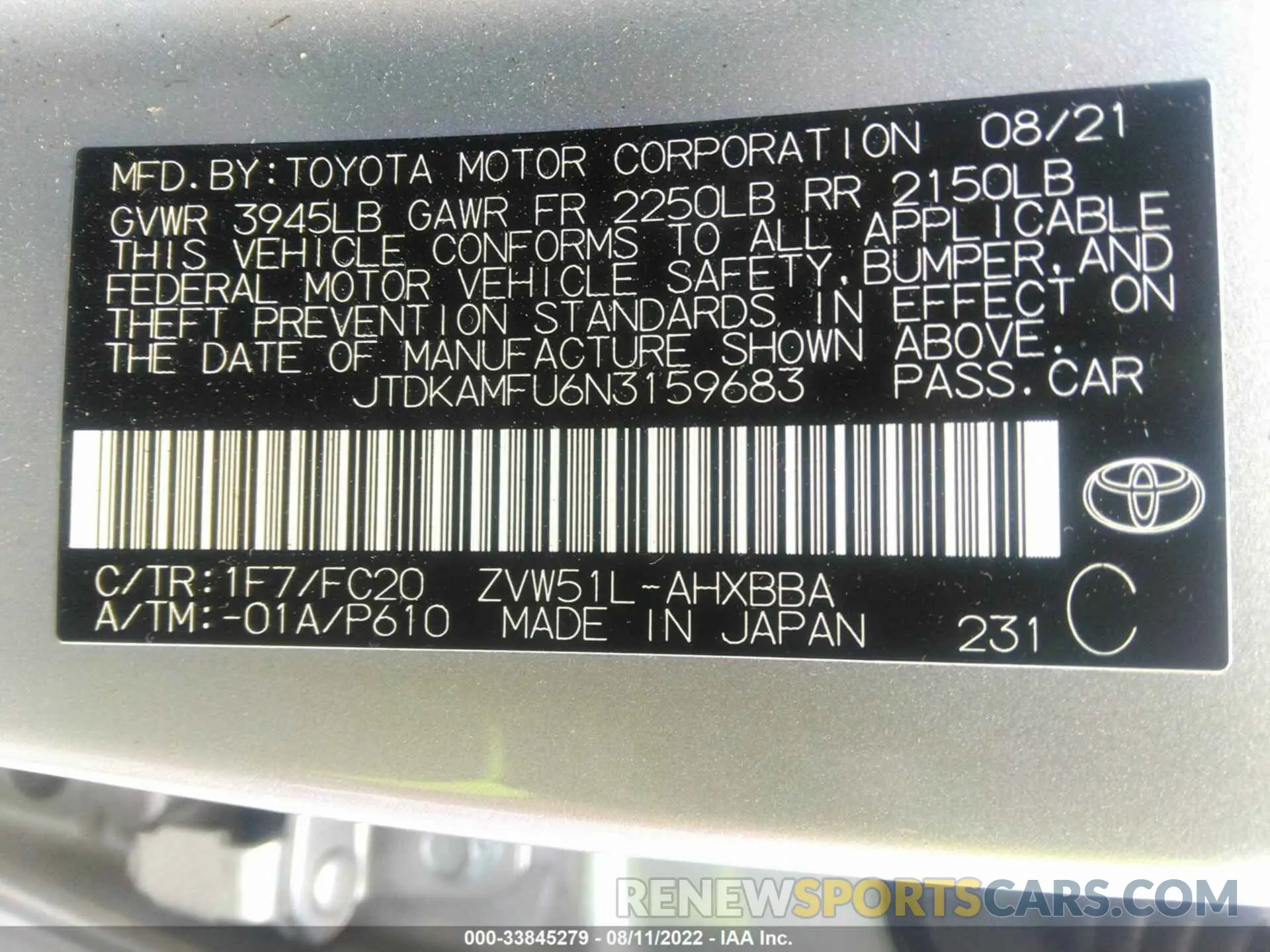 9 fotografías del automóvil dañado JTDKAMFU6N3159683 TOYOTA PRIUS 2022