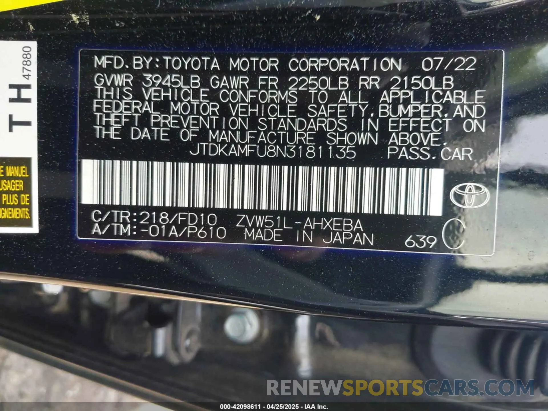 9 fotografías del automóvil dañado JTDKAMFU8N3181135 TOYOTA PRIUS 2022