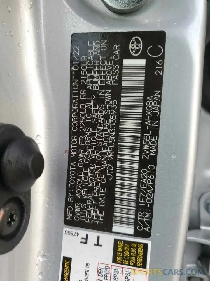 12 fotografías del automóvil dañado JTDL9MFU5N3035935 TOYOTA PRIUS 2022